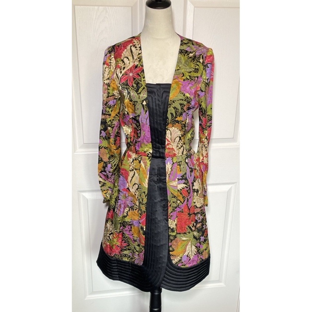 Vintage Luxury Silk Floral Coat Dress‎ Quilted Trim Stanley Platos Martin Ross